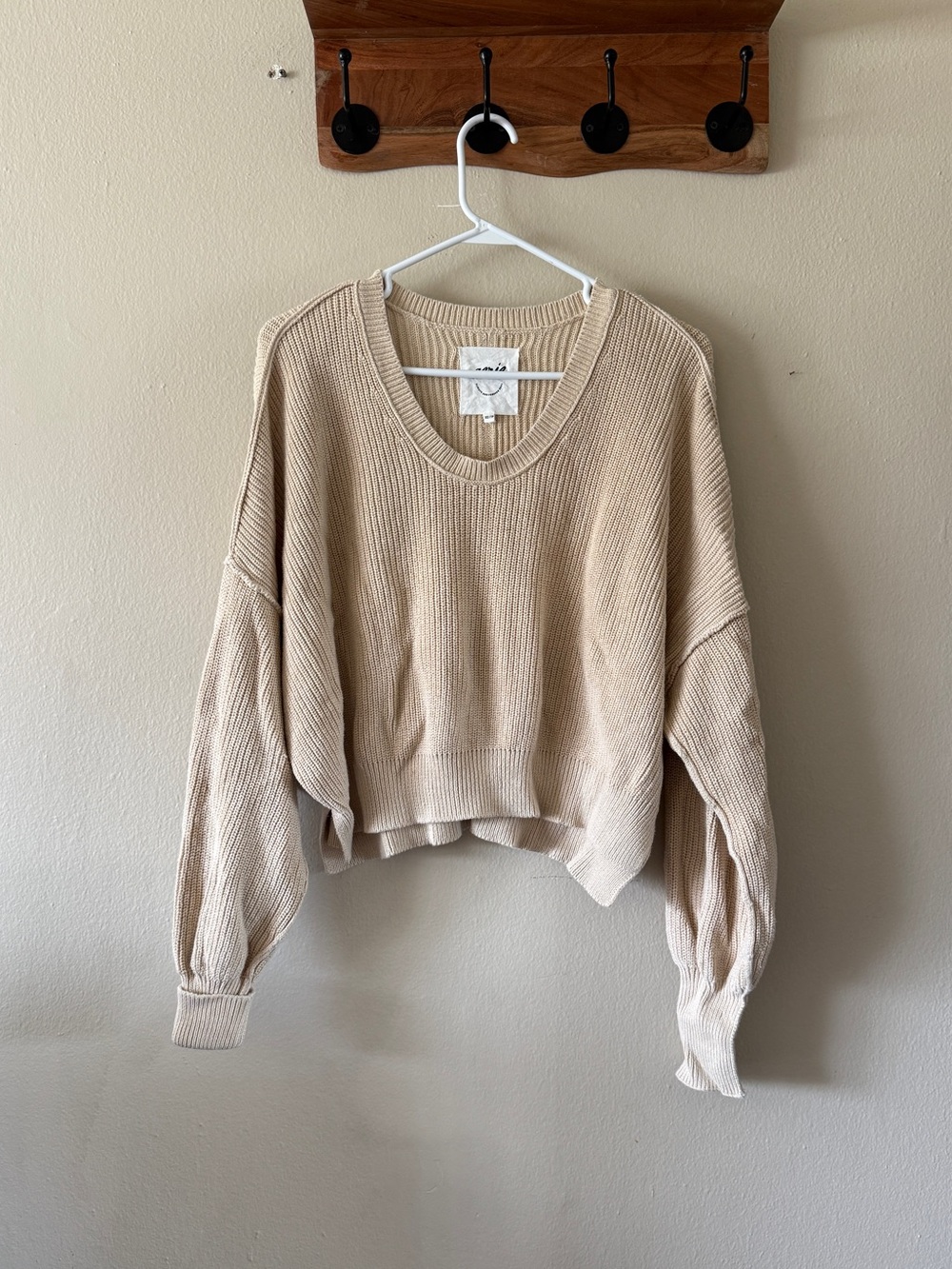 Aerie Beige 100% Cotton Cropped V-Neck Ribbed Knit Oversized Sweater size XS